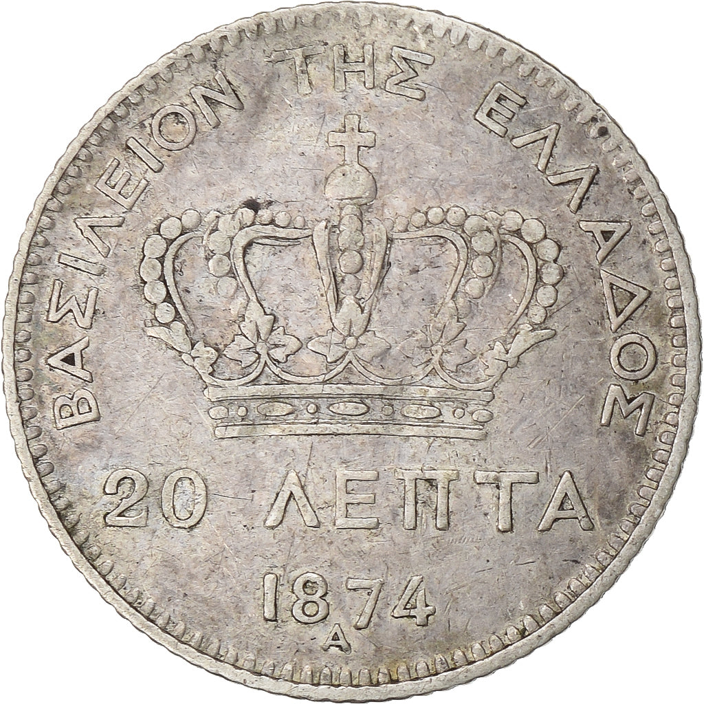 Moeda, Grécia, George I, 20 Lepta, 1874, Paris, VF(30-35), Prata, KM:44