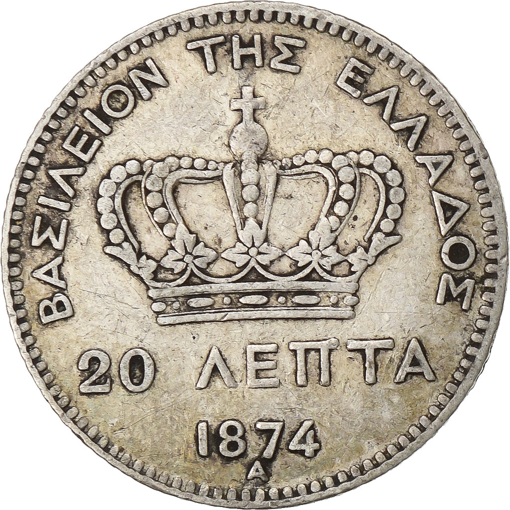 Moneta, Grecja, George I, 20 Lepta, 1874, Paris, VF(30-35), Srebro, KM:44