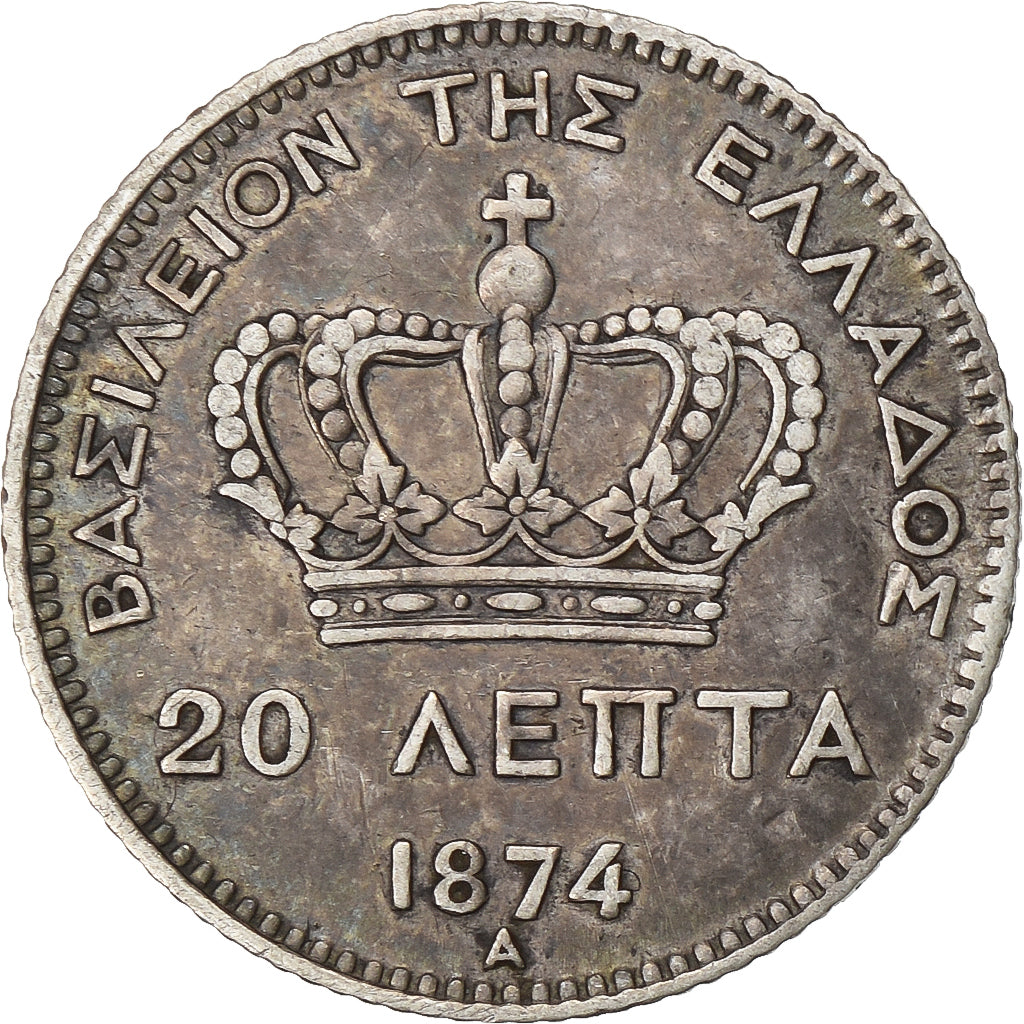 Grecia, George I, 20 Lepta, 1874, Paris, Plata, MBC, KM:44