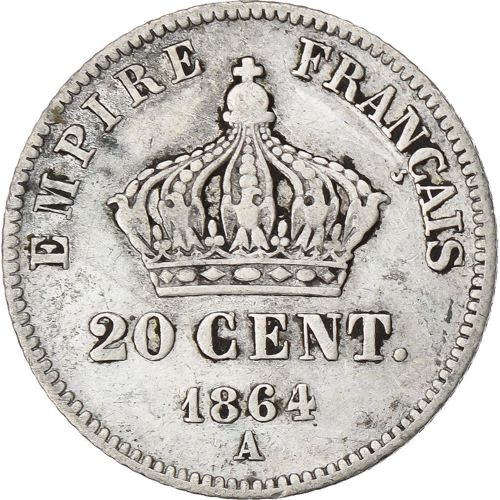 France, 20 Centimes, Napoléon III, 1864, Paris, Silver, VF(20-25), Gadoury:308
