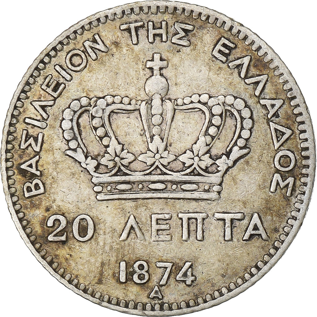 Grecia, George I, 20 Lepta, 1874, Paris, Argento, BB, KM:44