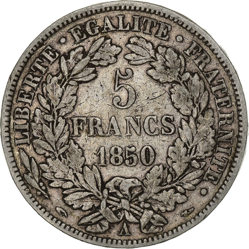 Moneta, Francia, Cérès, 5 Francs, 1850, Paris, MB+, Argento, KM:761.1