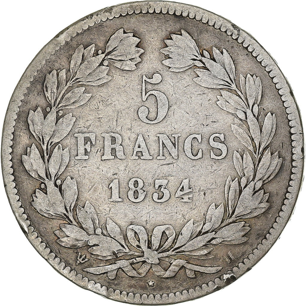 Francia, 5 Francs, Louis-Philippe, 1834, La Rochelle, Plata, BC+, Gadoury:678