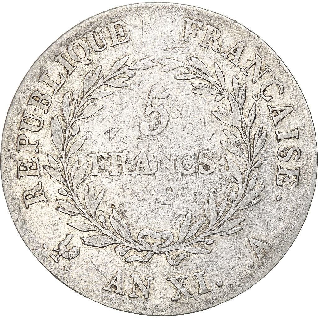France, 5 Francs, An XI, Paris, VF(20-25), Silver, KM:650.1, Gadoury:577