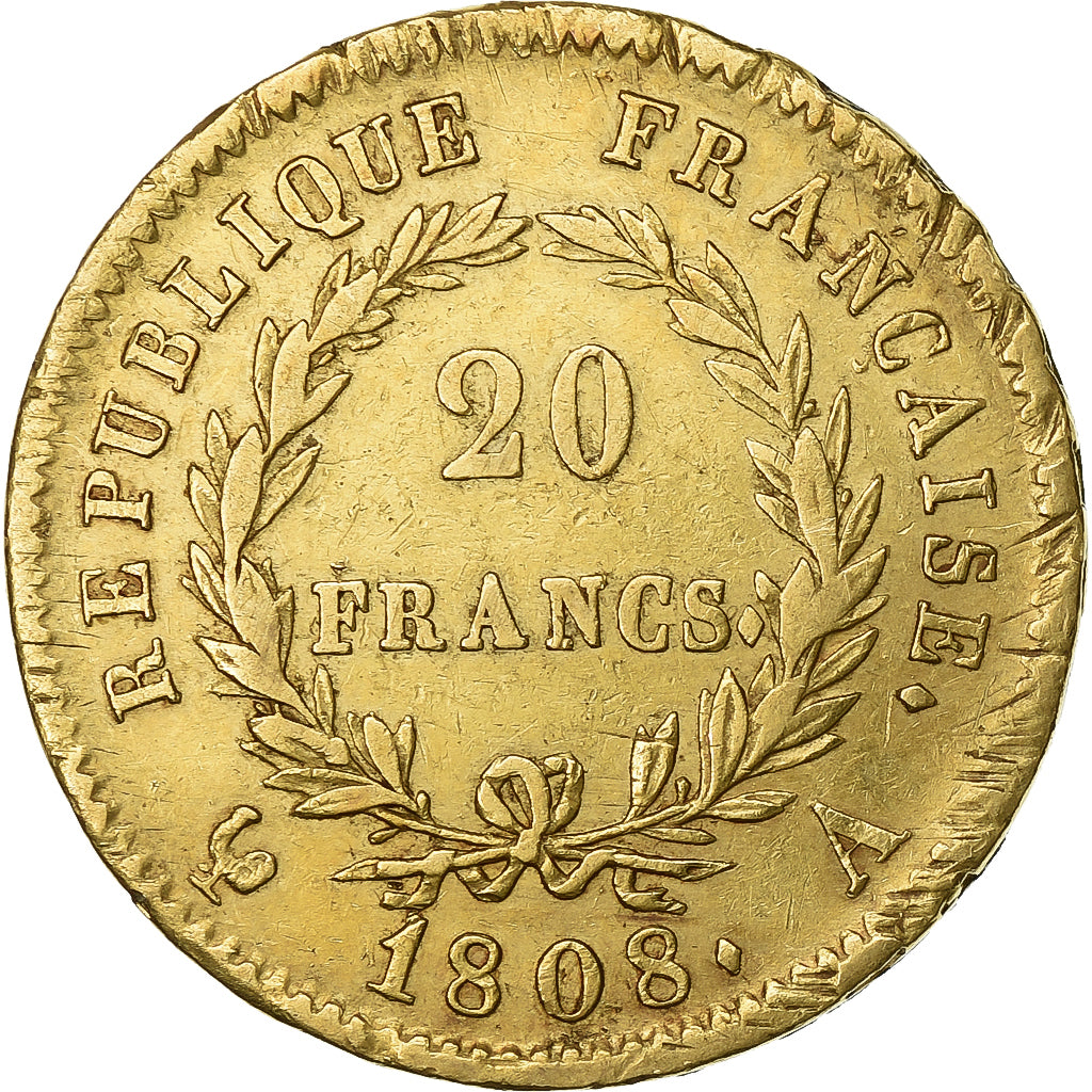 France, Napoléon I, 20 Francs, 1808, Paris, AU(50-53), Gold,KM:687.1,Gadoury1024