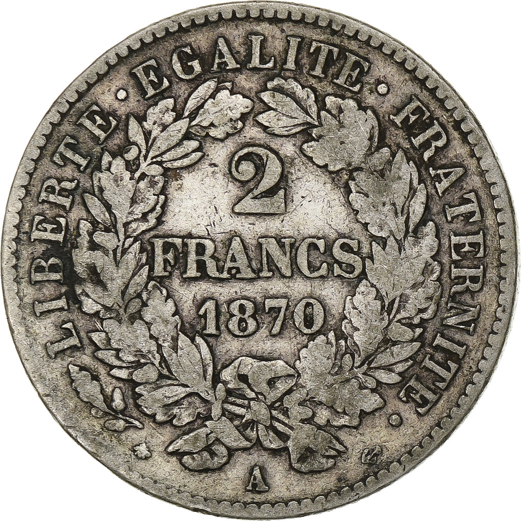 Coin, France, Cérès, 2 Francs, 1870, Paris, VF(30-35), Silver, KM:816.1