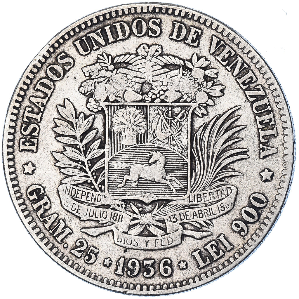 Moneta, Venezuela, Gram 25, 5 Bolivares, 1936, MB+, Argento, KM:24.2