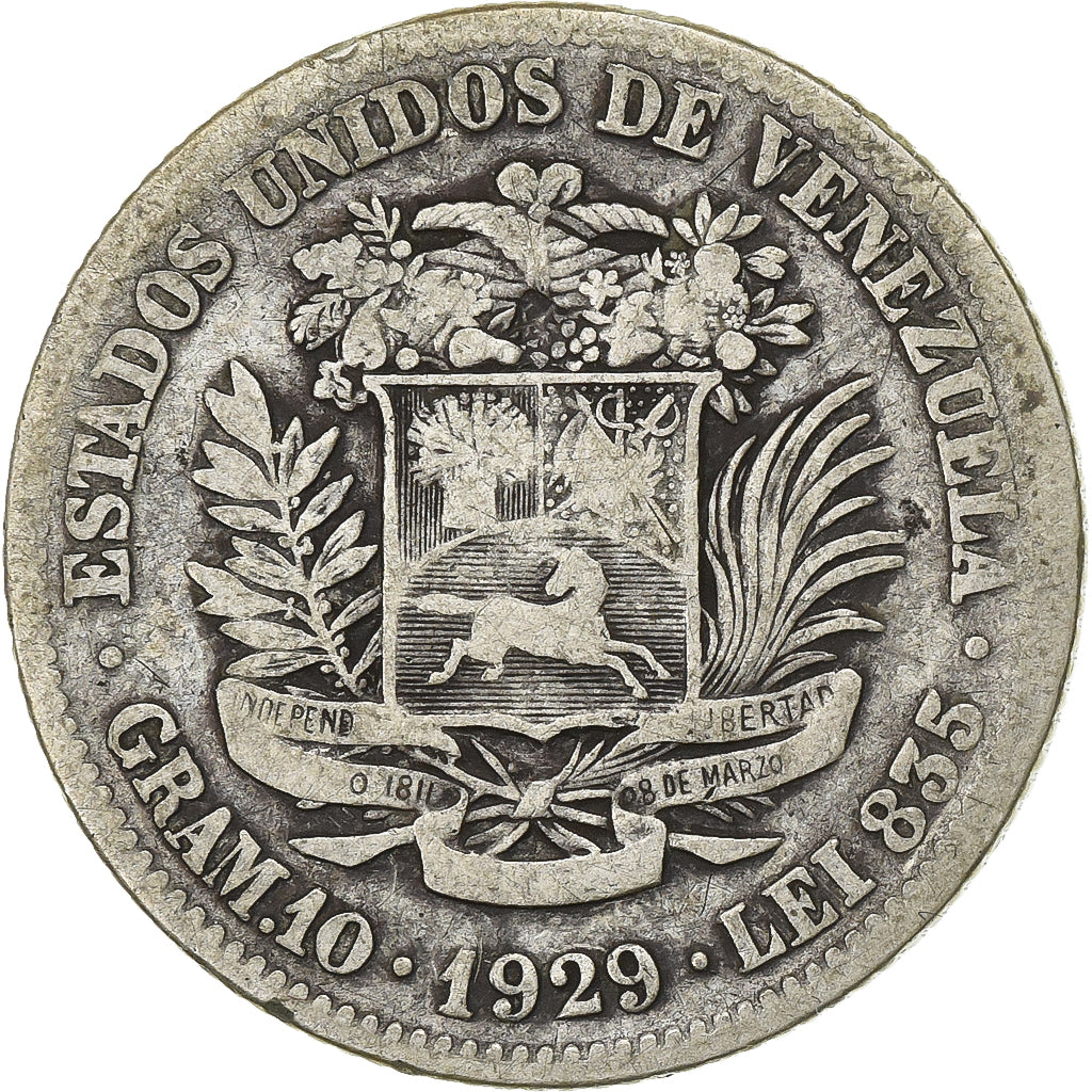 Venezuela, Gram 10, 2 Bolivares, 1929, Argento, MB+, KM:23