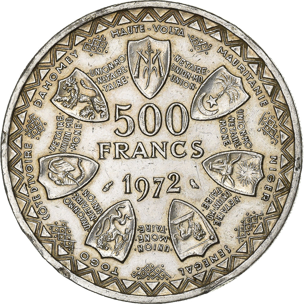 Estados da África Ocidental, 500 Francs, 1972, Prata, AU(55-58), KM:7