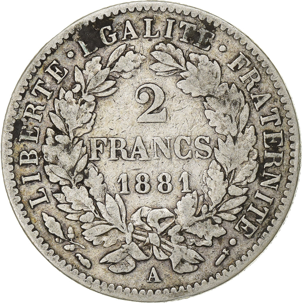 Moneda, Francia, Cérès, 2 Francs, 1881, Paris, BC+, Plata, KM:817.1