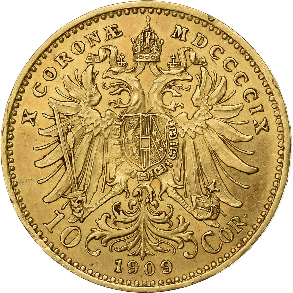AUSTRIA, 10 Corona, 1909, KM #2816, AU(55-58), Gold, 19, 3.38