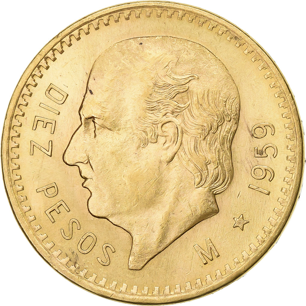 Mexico, 10 Pesos, 1959, Mexico City, Gold, AU(55-58), KM:473