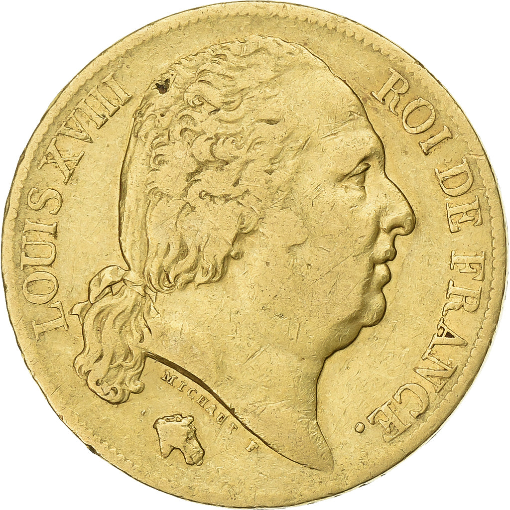 Coin, France, Louis XVIII, 20 Francs, 1818, Paris, AU(50-53), Gold, KM:712.1