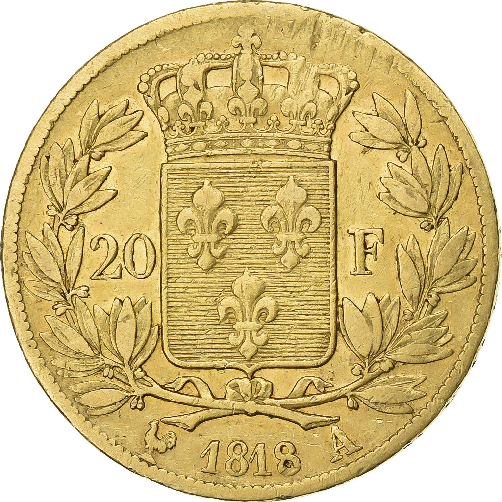 Coin, France, Louis XVIII, 20 Francs, 1818, Paris, AU(50-53), Gold, KM:712.1