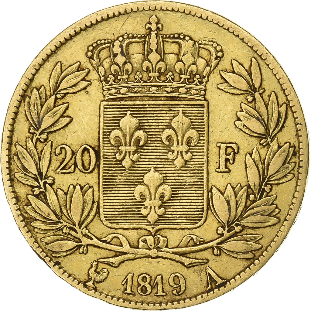 França, Louis XVIII, 20 Francs, 1819, Paris, Dourado, EF(40-45), Gadoury:1028