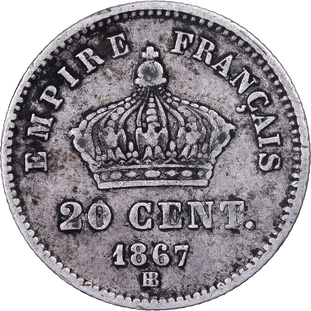 Coin, France, Napoleon III, 20 Centimes, 1867, Strasbourg, EF(40-45), Silver