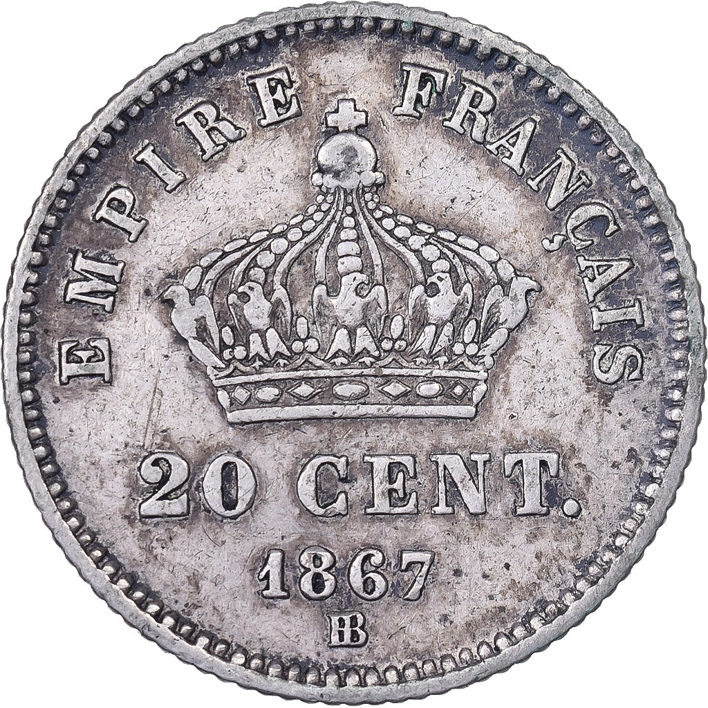 Coin, France, Napoleon III, 20 Centimes, 1867, Strasbourg, EF(40-45), Silver
