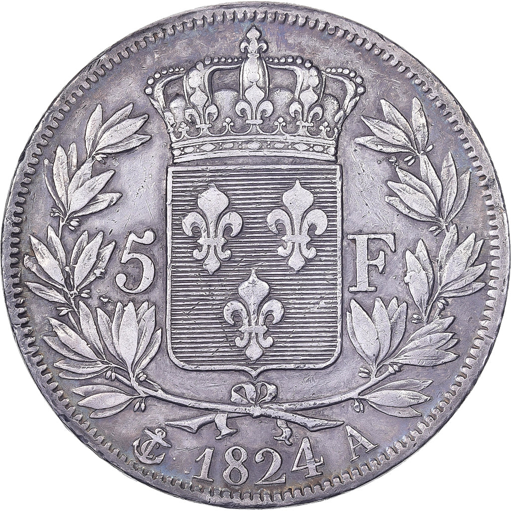 Moneta, Francia, Louis XVIII, 5 Francs, 1824, Paris, BB, Argento, KM:711.1