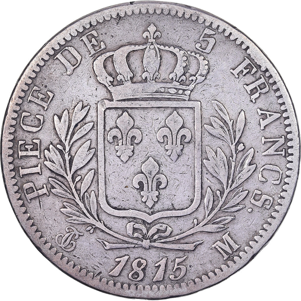 Francia, Louis XVIII, Louis XVIII, 5 Francs, 1815, Toulouse, BC+, Plata