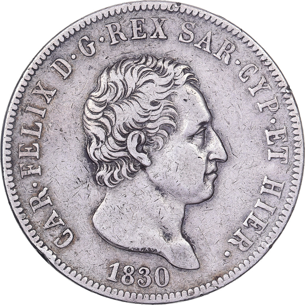 ESTADOS ITALIANOS, SARDINIA, Carlo Felice, 5 Lire, 1830, Genoa, Prata