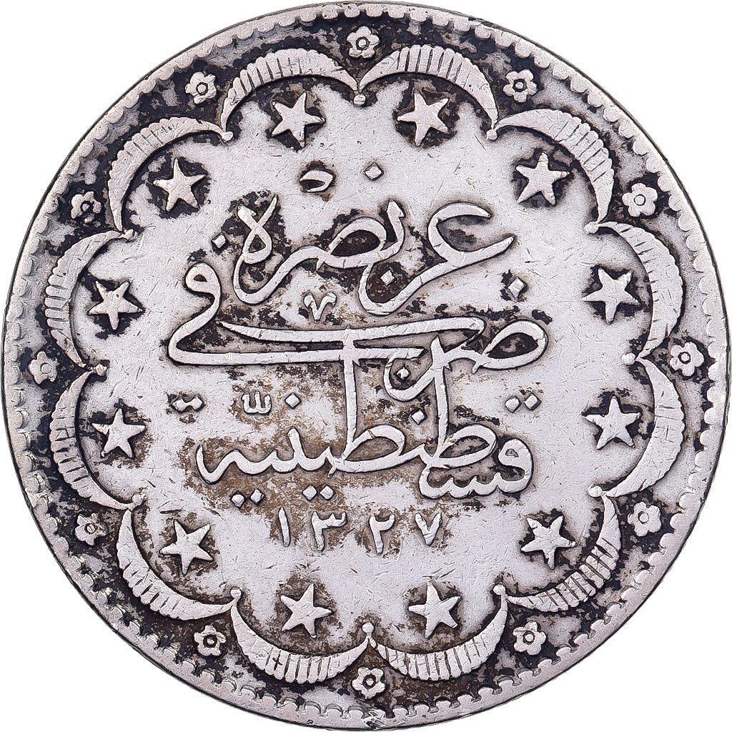 Turkey, Muhammad V, 20 Kurush, 1917, Qustantiniyah, EF(40-45), Silver, KM:780