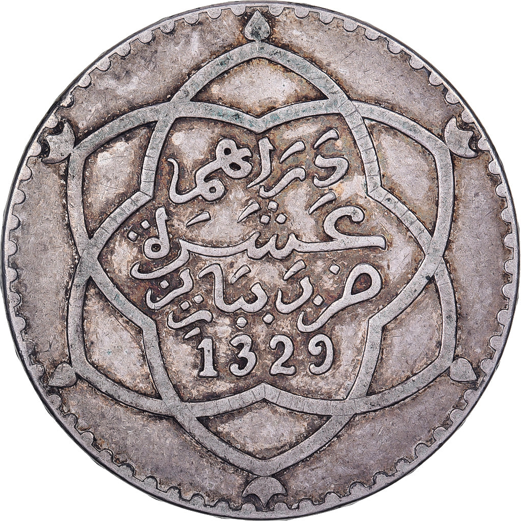 MOROCCO, Rial, 10 Dirhams, 1911, bi-Bariz, KM #25, EF(40-45), Silver, 24.91