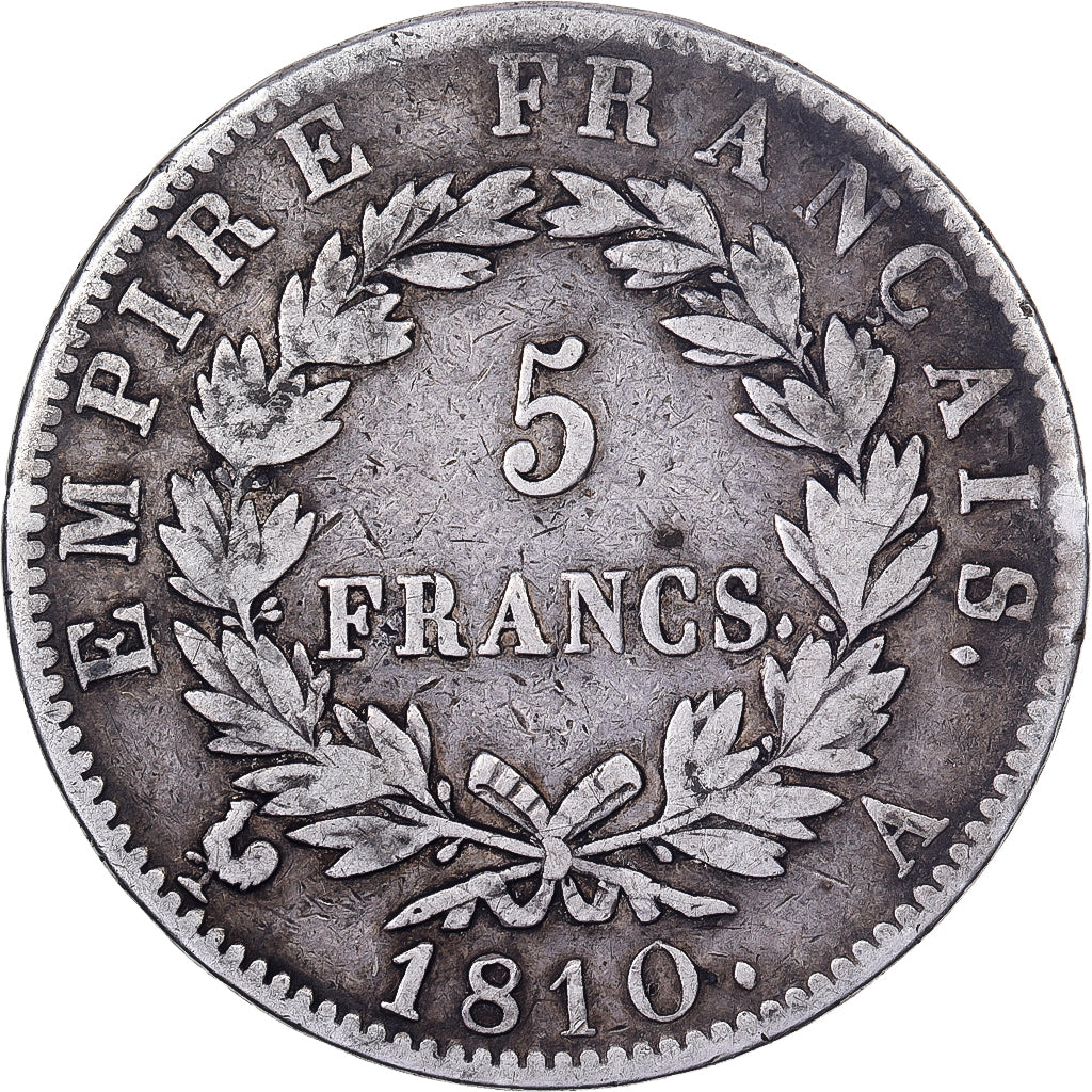 Francia, Napoléon I, 5 Francs, 1810, Paris, MB+, Argento, KM:694.1, Gadoury:584