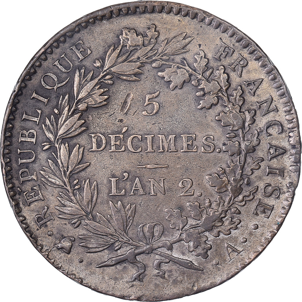 Francia, Convention, 5 Décimes, 1793 / An 2, Paris, Bronzo, MB+, Gadoury:390