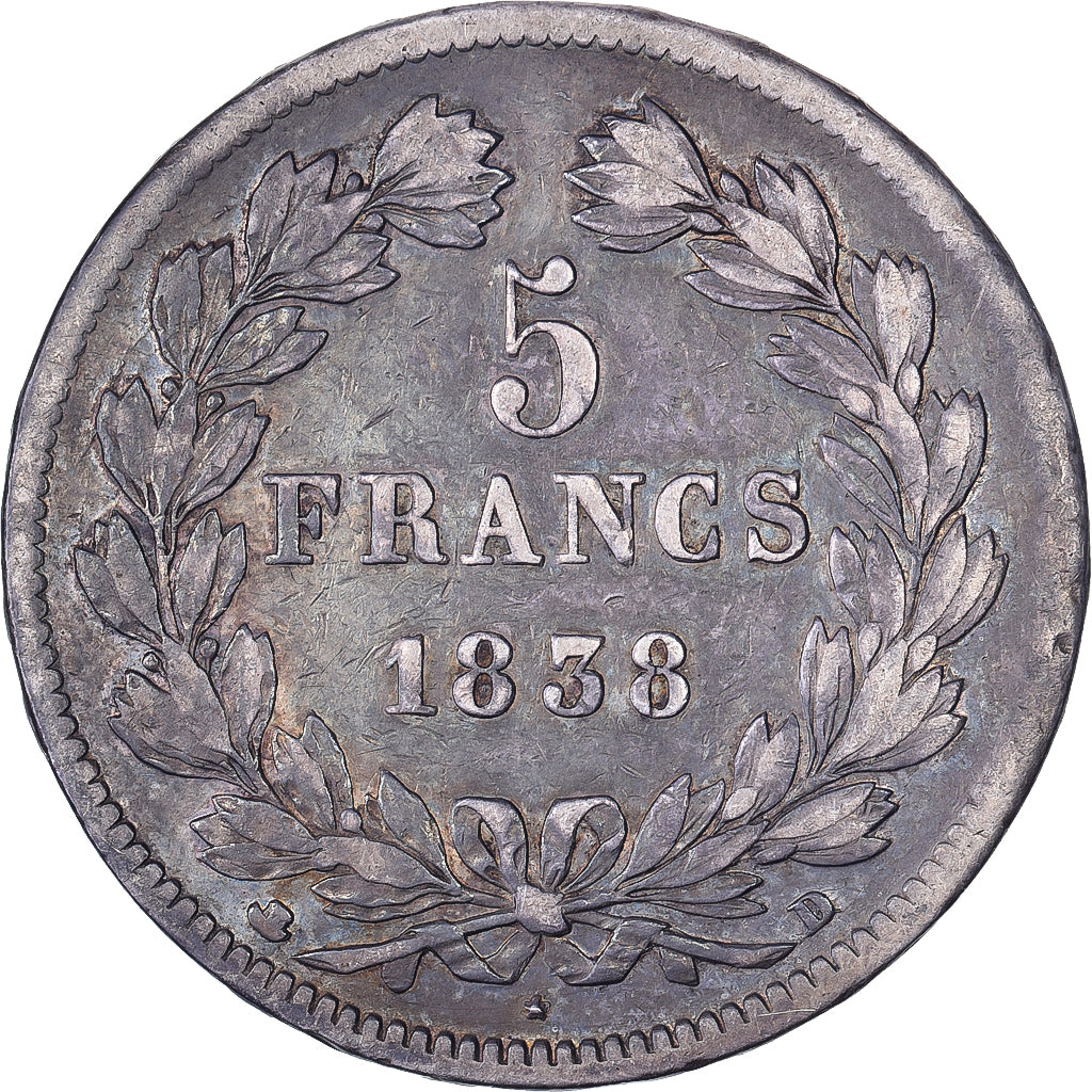 Moneda, Francia, Louis-Philippe, 5 Francs, 1838, Lyon, BC, Plata, KM:749.4