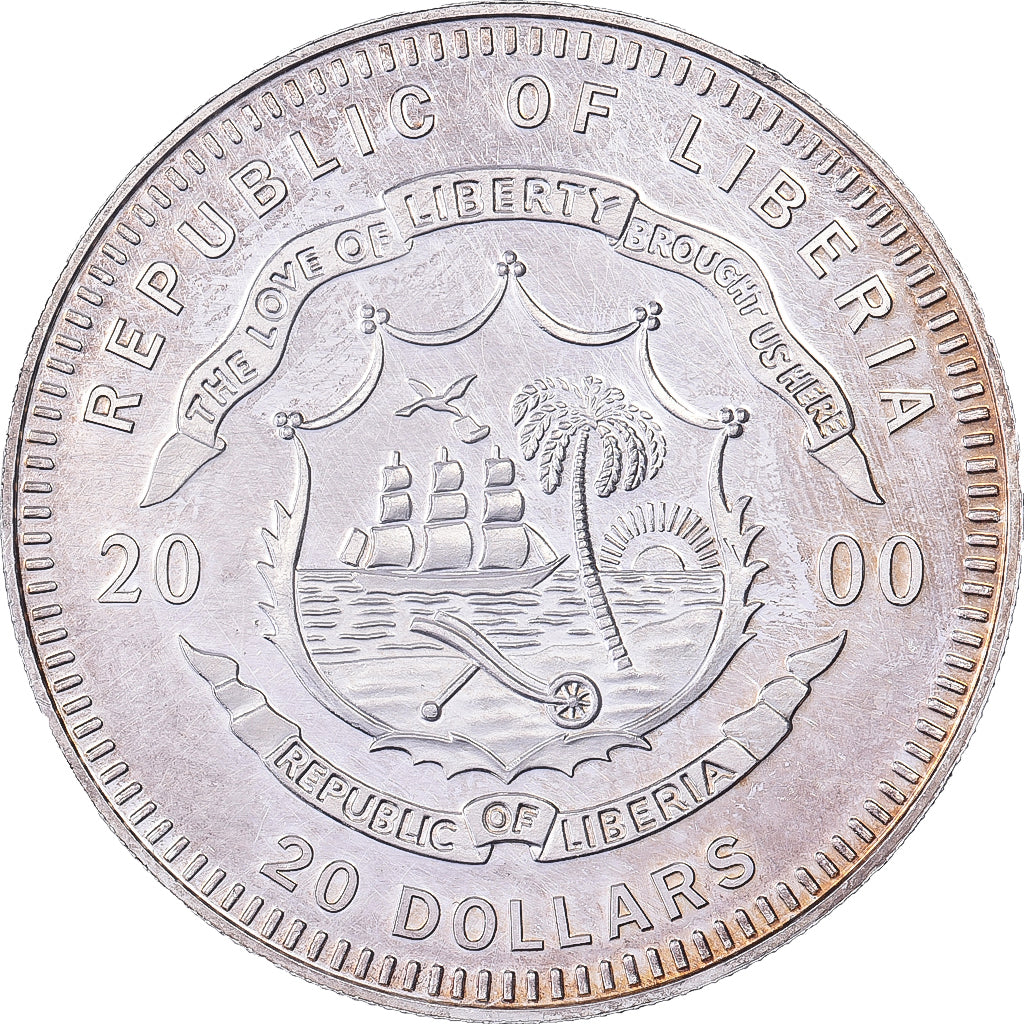 Liberia, 20 Dollars, 2000, Lisbon, Silver, AU(55-58)