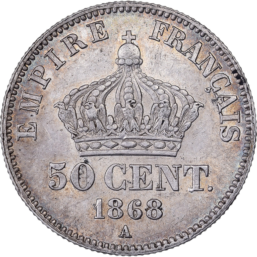 France, Napoleon III, 50 Centimes, Napoléon III, 1868, Paris, Silver