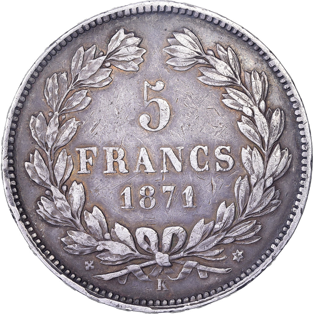 France, Cérès, 5 Francs, 1871, Bordeaux, TTB, Argent, KM:818.2, Gadoury:742