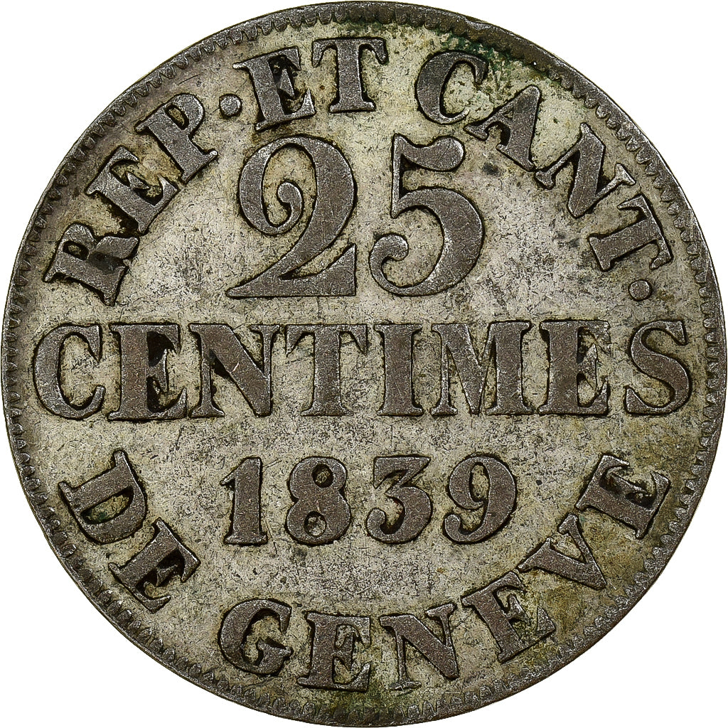 Moneta, CANTONI SVIZZERI, GENEVA, 25 Centimes, 1839, MB+, Biglione, KM:129
