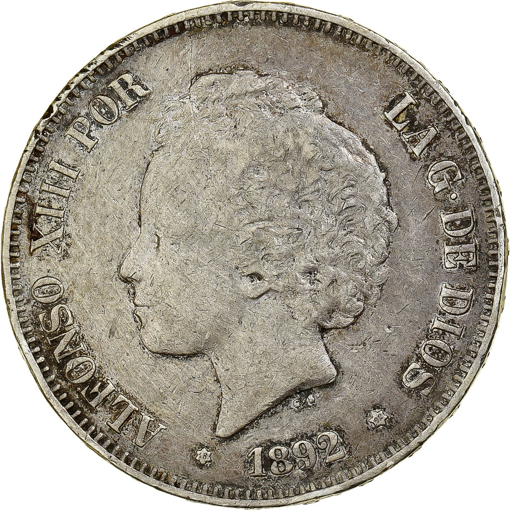 Moneta, Spagna, Alfonso XIII, 5 Pesetas, 1892, Madrid, MB+, Argento, KM:700