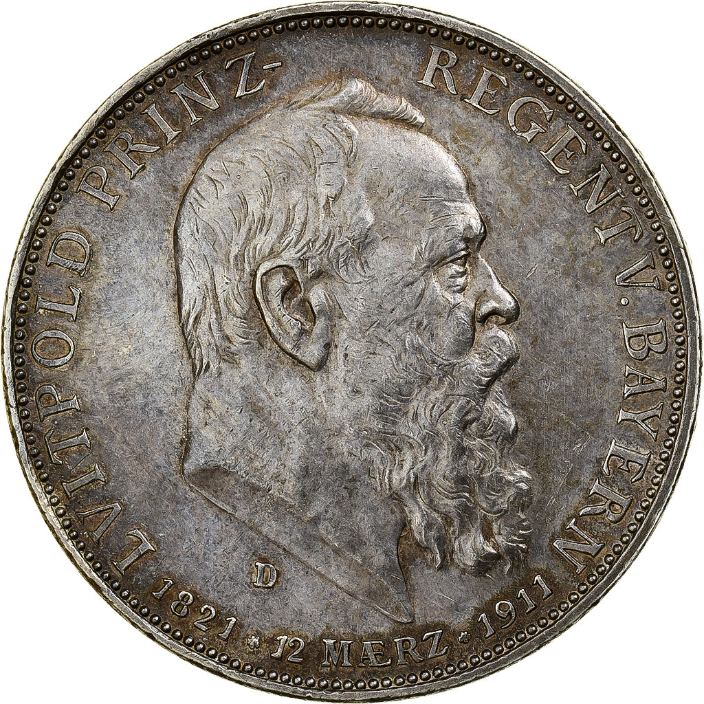 Estados Alemães, BAVARIA, Luitpold, 5 Mark, 1911, Munich, Prata, AU(50-53)