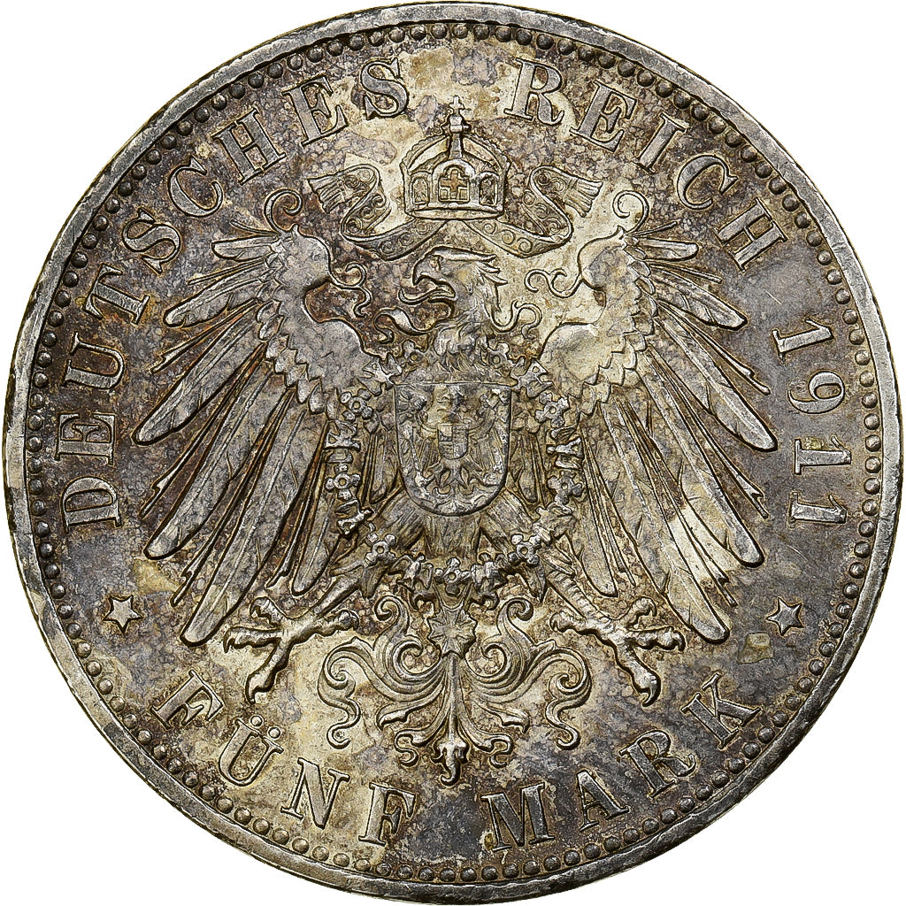 Estados Alemães, BAVARIA, Luitpold, 5 Mark, 1911, Munich, Prata, AU(50-53)