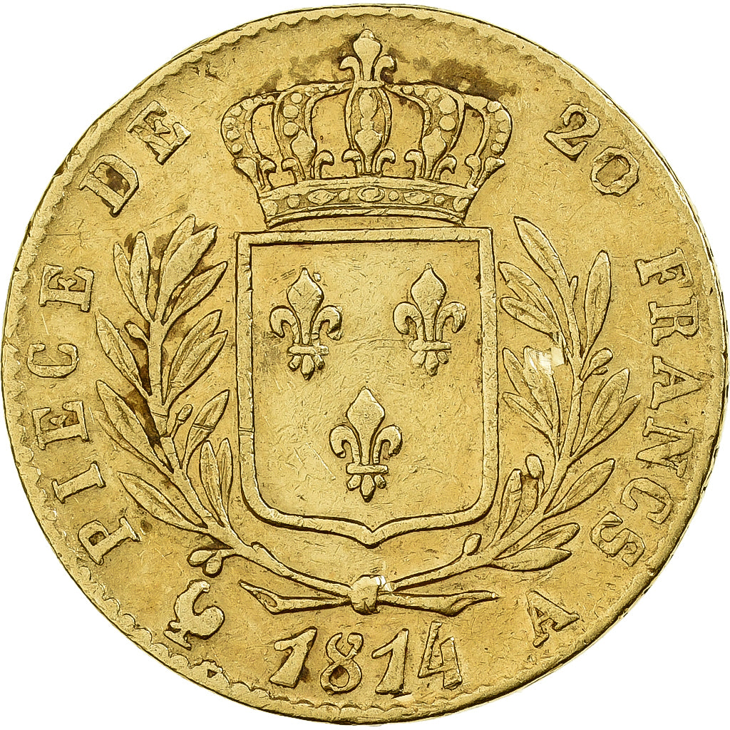 France, Louis XVIII, 20 Francs, 1814, Paris, Gold, AU(55-58), Gadoury:1026
