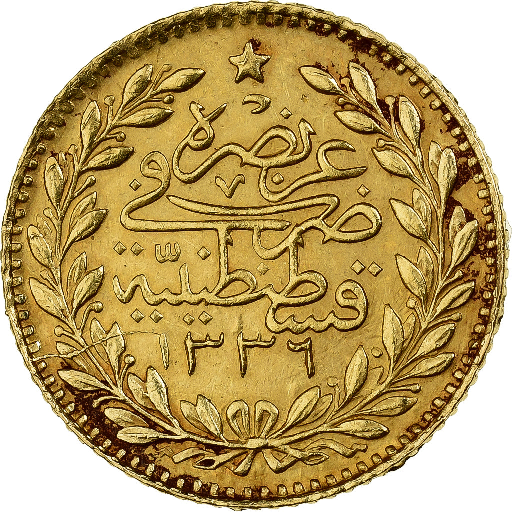 Turchia, Muhammad VI, 25 Kurush, 1917, Qustantiniyah, Oro, BB+, KM:819