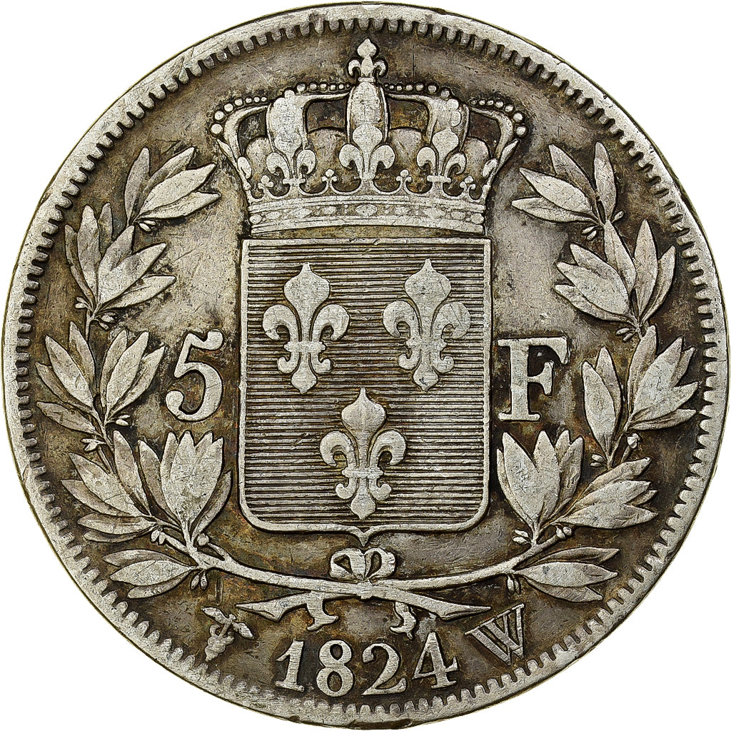 France, Louis XVIII,5 Francs,1824, Lille,VF(30-35),Silver,KM 711.13,Gadoury 614