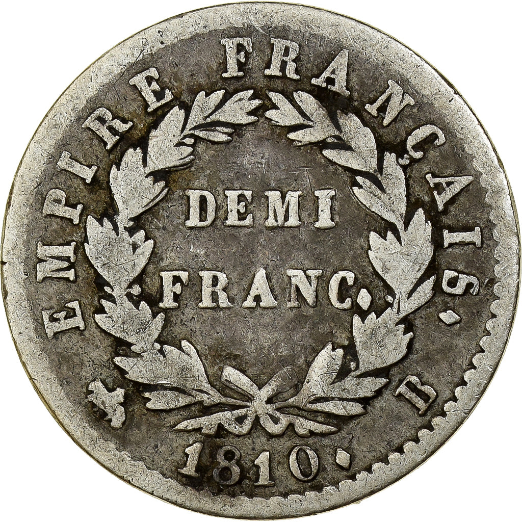 Francia, 1/2 Franc, Napoléon I, 1810, Rouen, Plata, BC+, Gadoury:399, KM:691.2