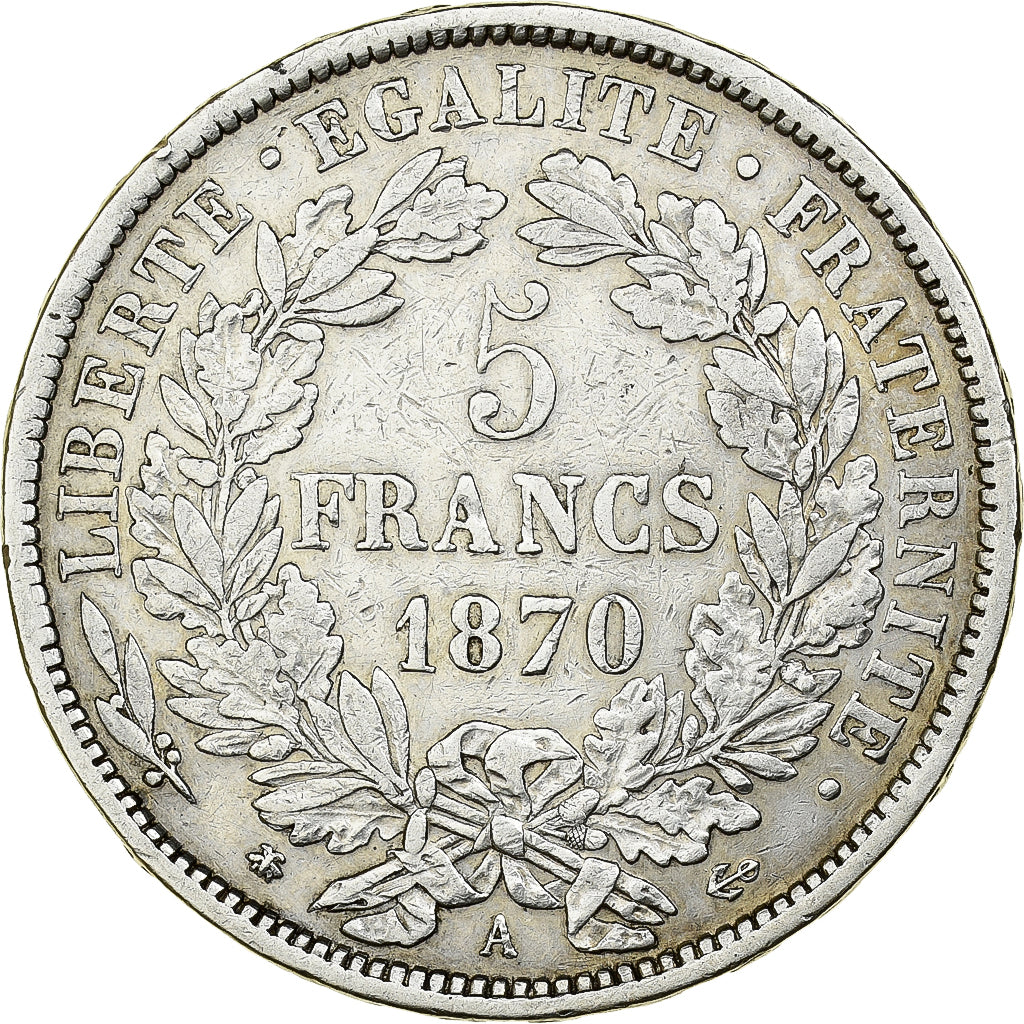Francia, Cérès, 5 Francs, 1870, Paris, MB+, Argento, KM:818.1, Gadoury:742