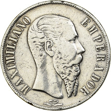 Moneda, México, Maximilian, Peso, 1866, Mexico City, BC+, Plata, KM:388.1