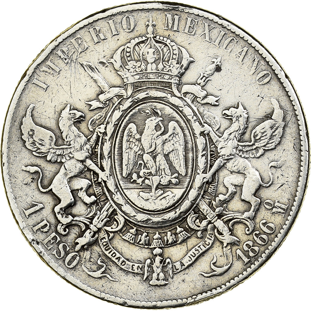 Moneda, México, Maximilian, Peso, 1866, Mexico City, BC+, Plata, KM:388.1