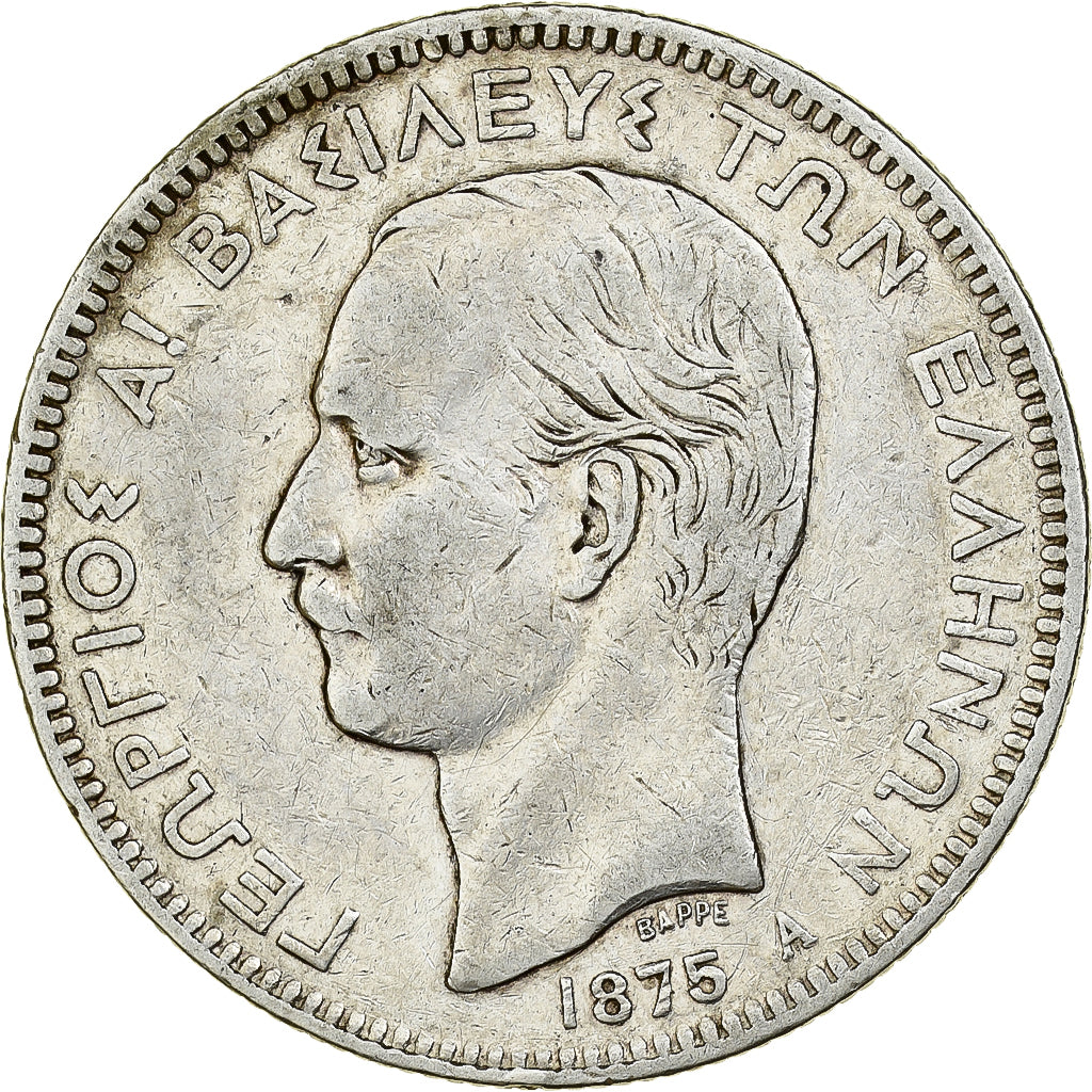 Grecja, George I, 5 Drachmai, 1875, Paris, Srebro, VF(30-35), KM:46