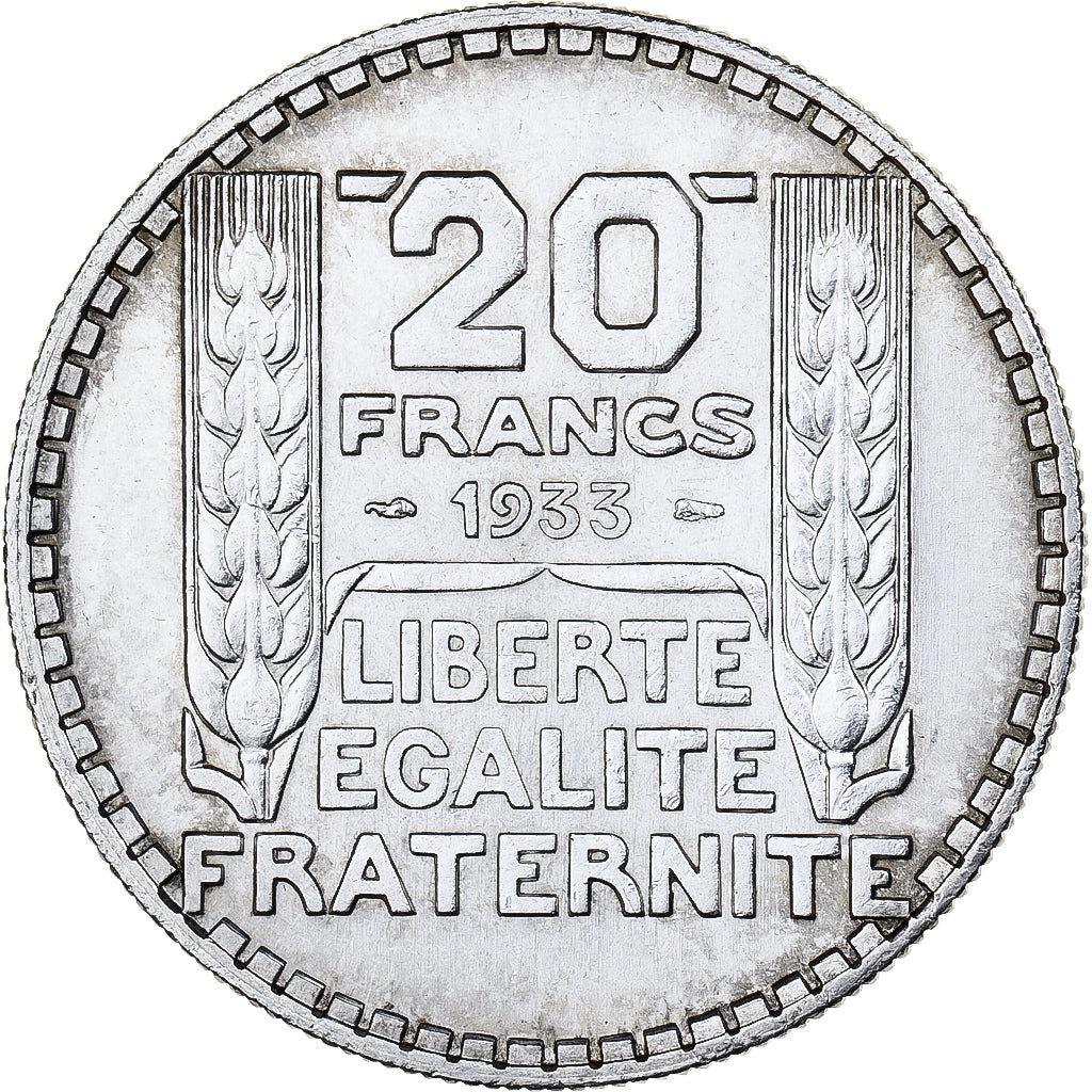 France, 20 Francs, Turin, 1933, Paris, Rameaux longs, Silver, AU(55-58)