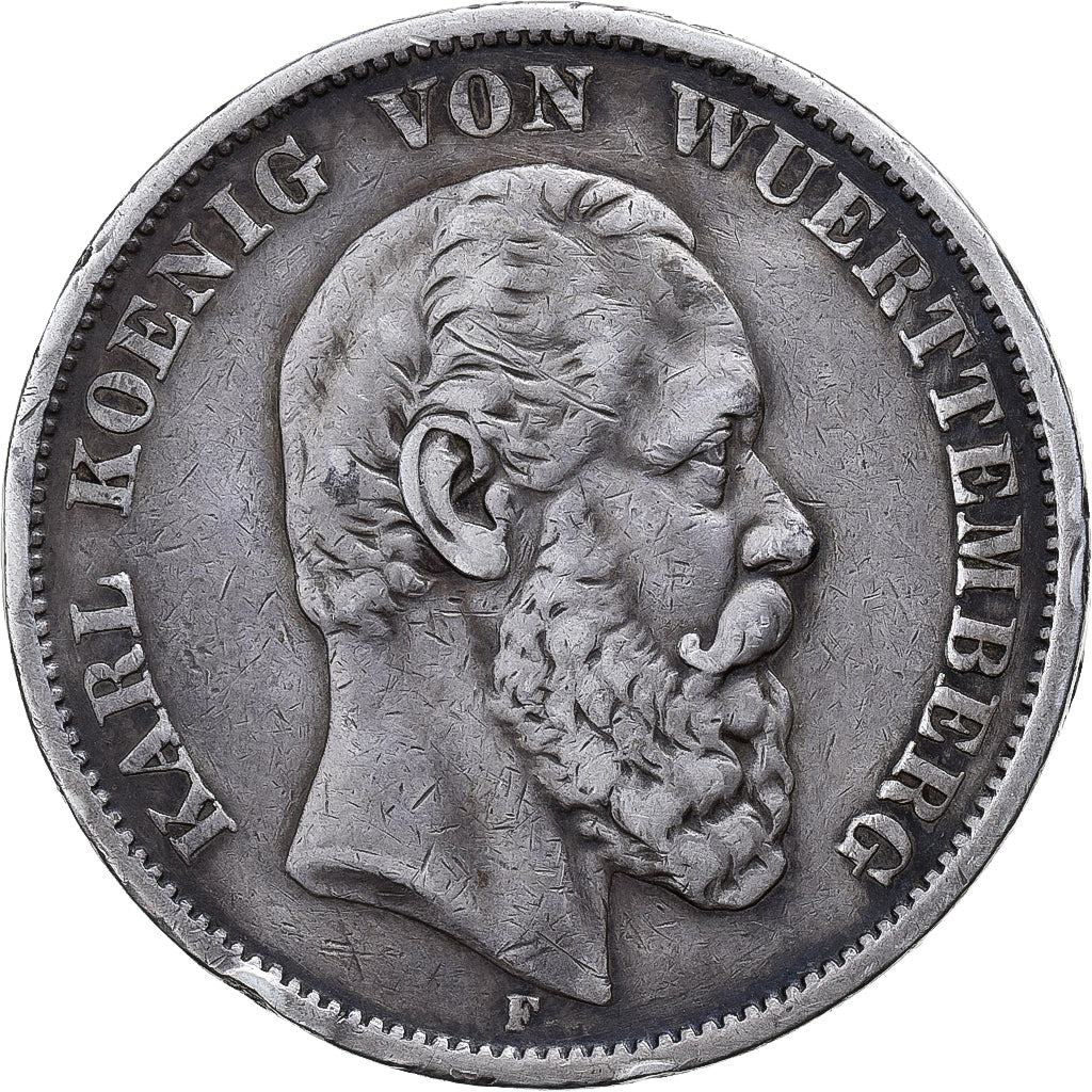 Coin, German States, WURTTEMBERG, Karl I, 5 Mark, 1875, Freudenstadt, EF(40-45)