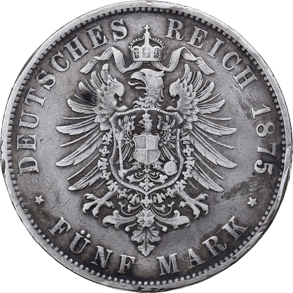 Coin, German States, WURTTEMBERG, Karl I, 5 Mark, 1875, Freudenstadt, EF(40-45)