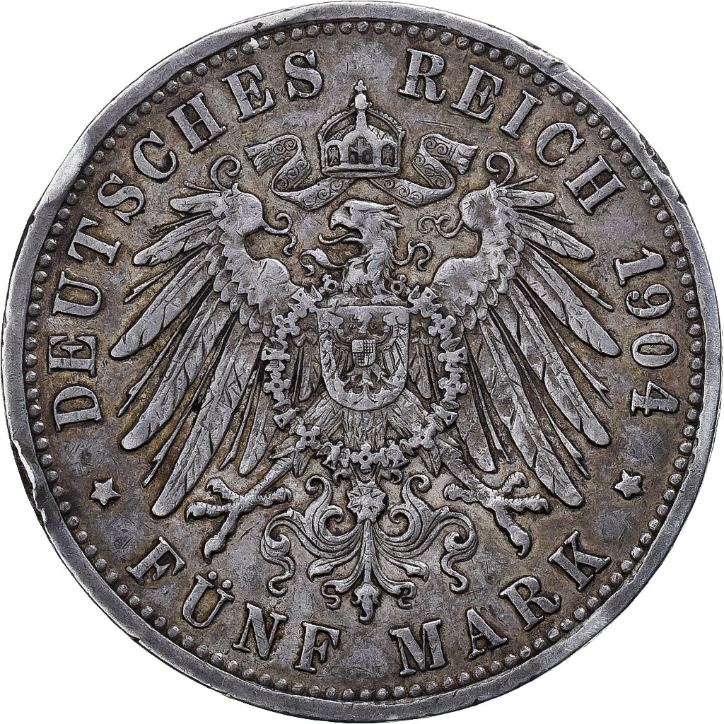 German States, 5 Mark, 1904, Karlsruhe, KM #274, VF(30-35), Silver, 38, 27.73