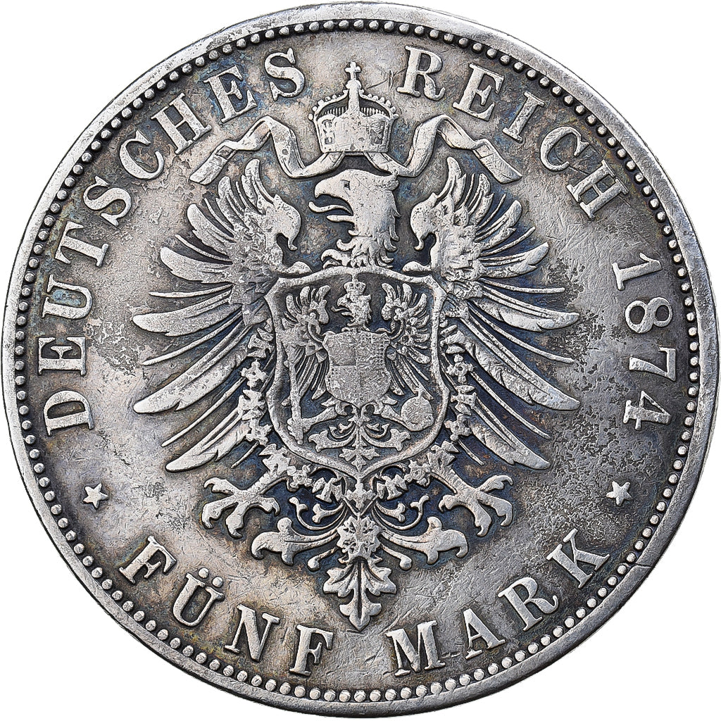German States, BAVARIA, Ludwig II, 5 Mark, 1874, Munich, Silver, VF(30-35)