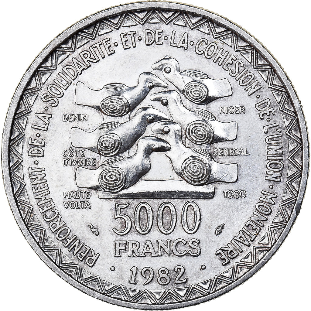 West African States, 5000 Francs, 1982, Silver, MS(60-62), KM:11